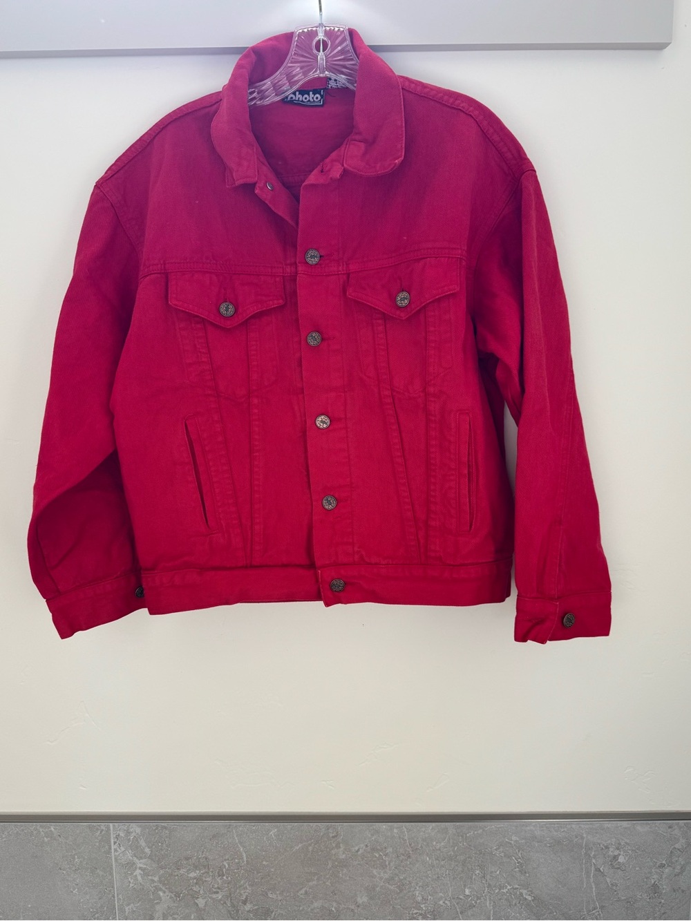 Red Women's Jean Jacket Pockets button up front